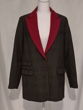 Rag & Bone Paloma Tailored Gray Brown Plaid Blazer with Red Lapels